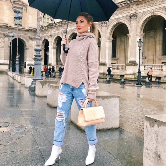 Pearl Beading Oversized Pink Sweater Cowl Neck - Picture 2 of 8